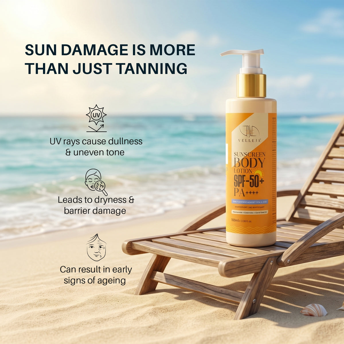 2-in-1 Sunscreen Body Lotion SPF 50 PA++++ with 5% Niacinamide & Ceramides - Velleja