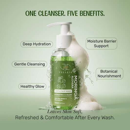 MoringAloe Face Wash|Skin Brightening & Hydrating Ayurvedic Gentle Face Wash|Suitable for Extra Sensitive, Dry & Combination Skin - Velleja