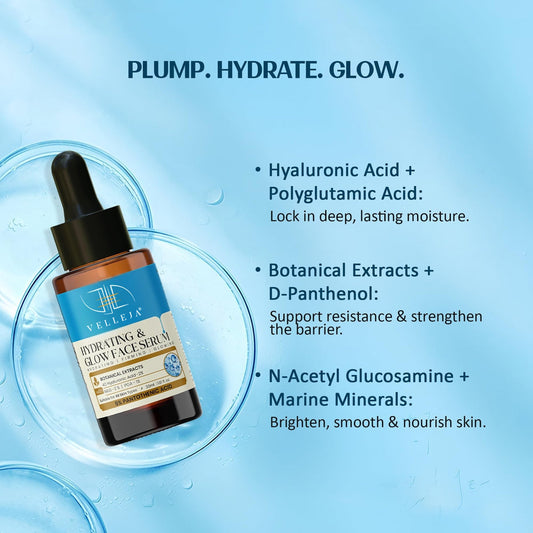 Hyaluronic Acid Hydrating & Glow Face Serum|48-Hour Moisture Lock|Plumping, Firming & Lightweight Serum for Extra Dry Skin - Velleja