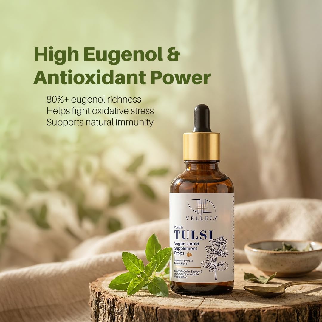 Panch Tulsi Drops 50 ml | Ayurvedic Immunity Booster with High Eugenol 5-in-1 Tulsi Extract | Cough, Cold & Mild Fever Relief - Velleja