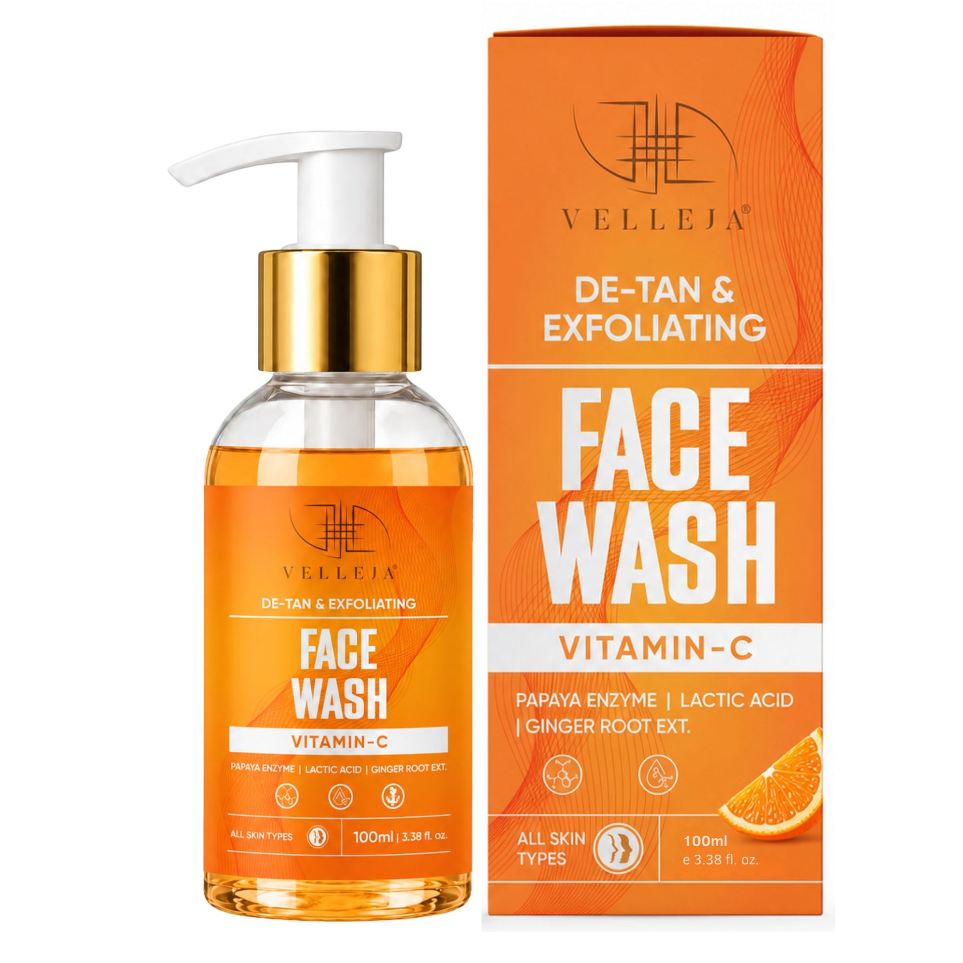 De-Tan & Exfoliating Face Wash | Vitamin C Tan Removal & Brightening Face Cleanser - Velleja