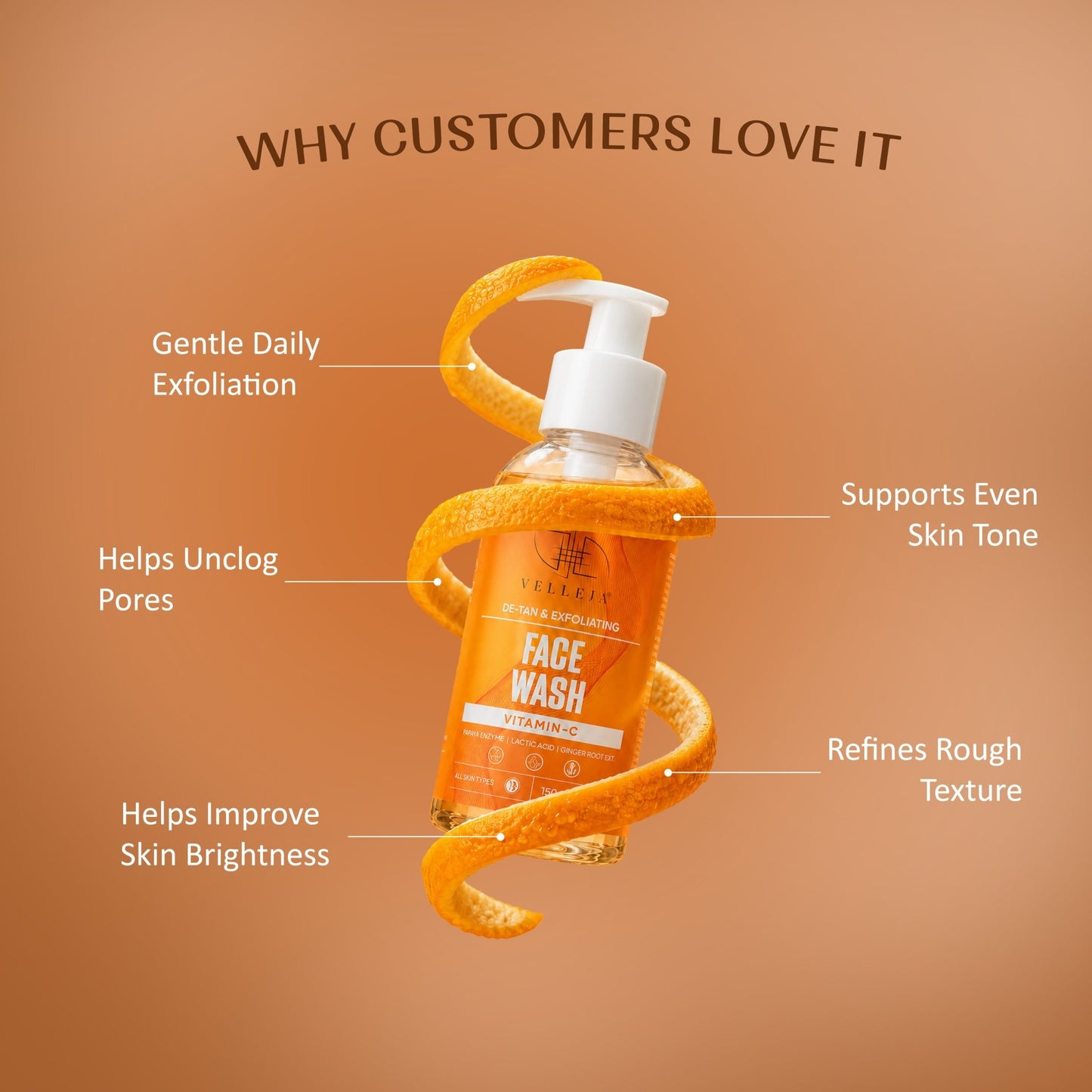 De-Tan & Exfoliating Face Wash | Vitamin C Tan Removal & Brightening Face Cleanser - Velleja