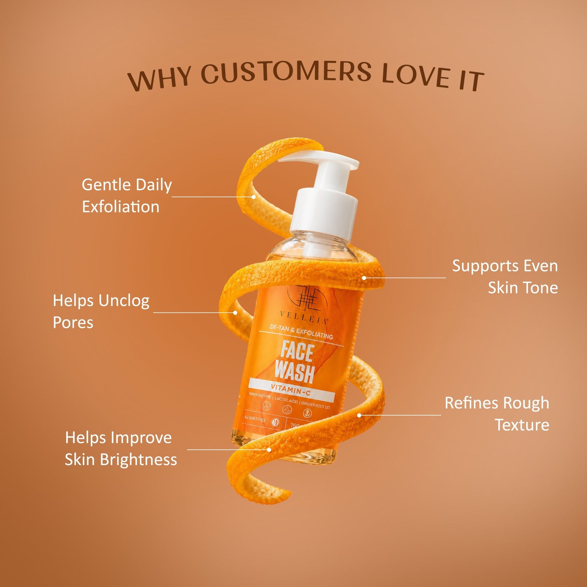 De-Tan & Exfoliating Face Wash | Vitamin C Tan Removal & Brightening Face Cleanser - Velleja