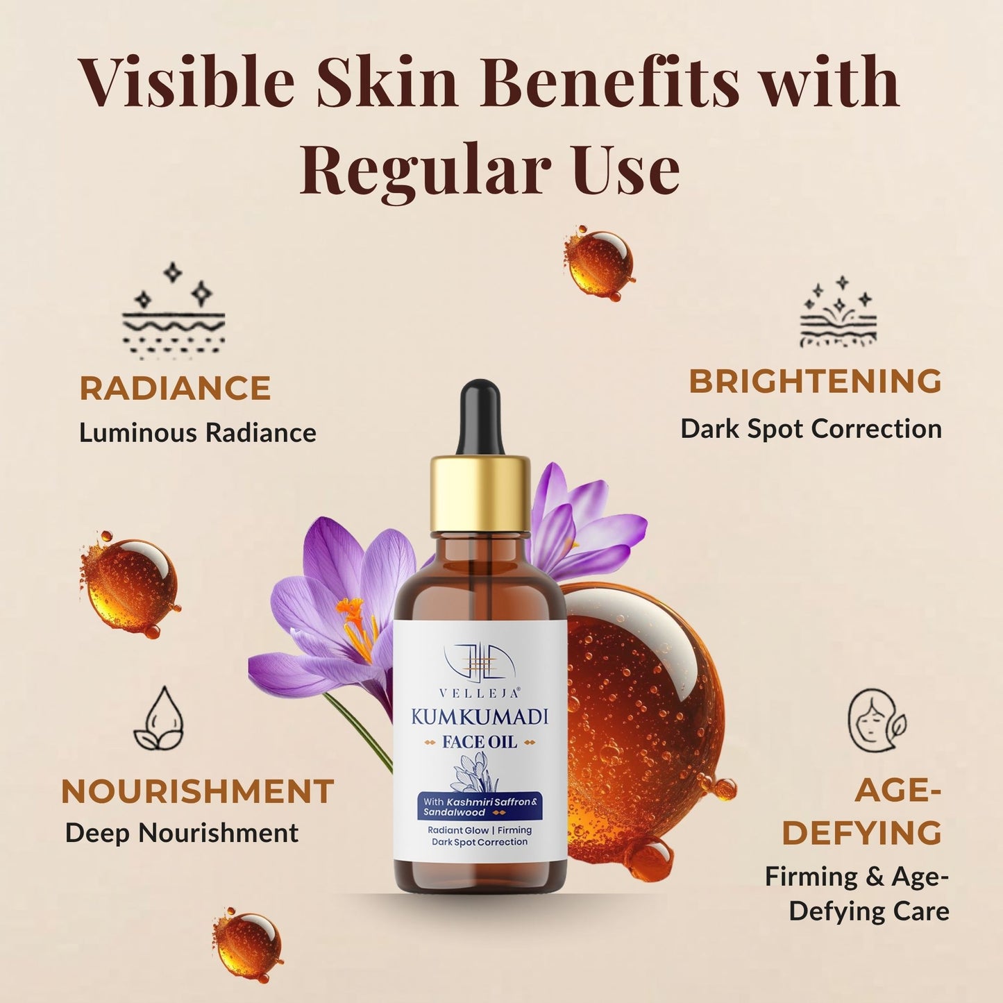 Kumkumadi Face Oil with Kashmiri Saffron & Sandalwood | Ayurvedic Anti Aging Face Serum for Brightening, Dark Spots & Pigmentation
