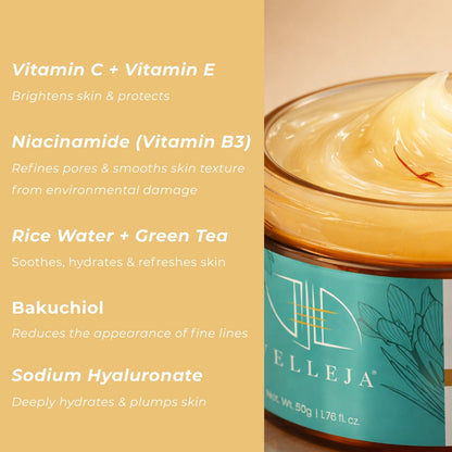 Ultra-Lightweight Hydrating & Glow Gel with Vitamin C, Bakuchiol, Gold Leaf, Saffron & Rice Water for Brightening & Dark Spots, Hyaluronic Acid & Rice Water