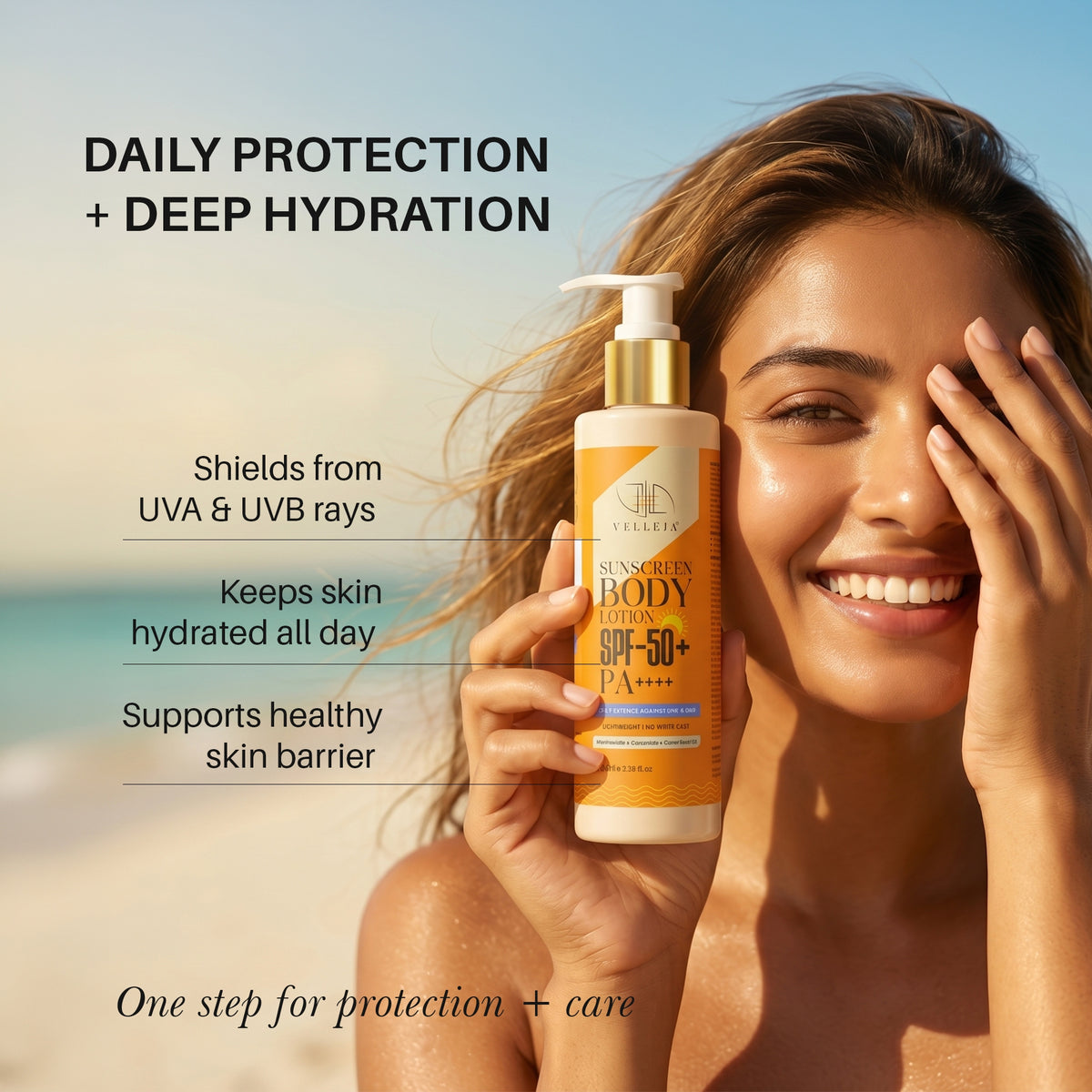2-in-1 Sunscreen Body Lotion SPF 50 PA++++ with 5% Niacinamide & Ceramides - Velleja