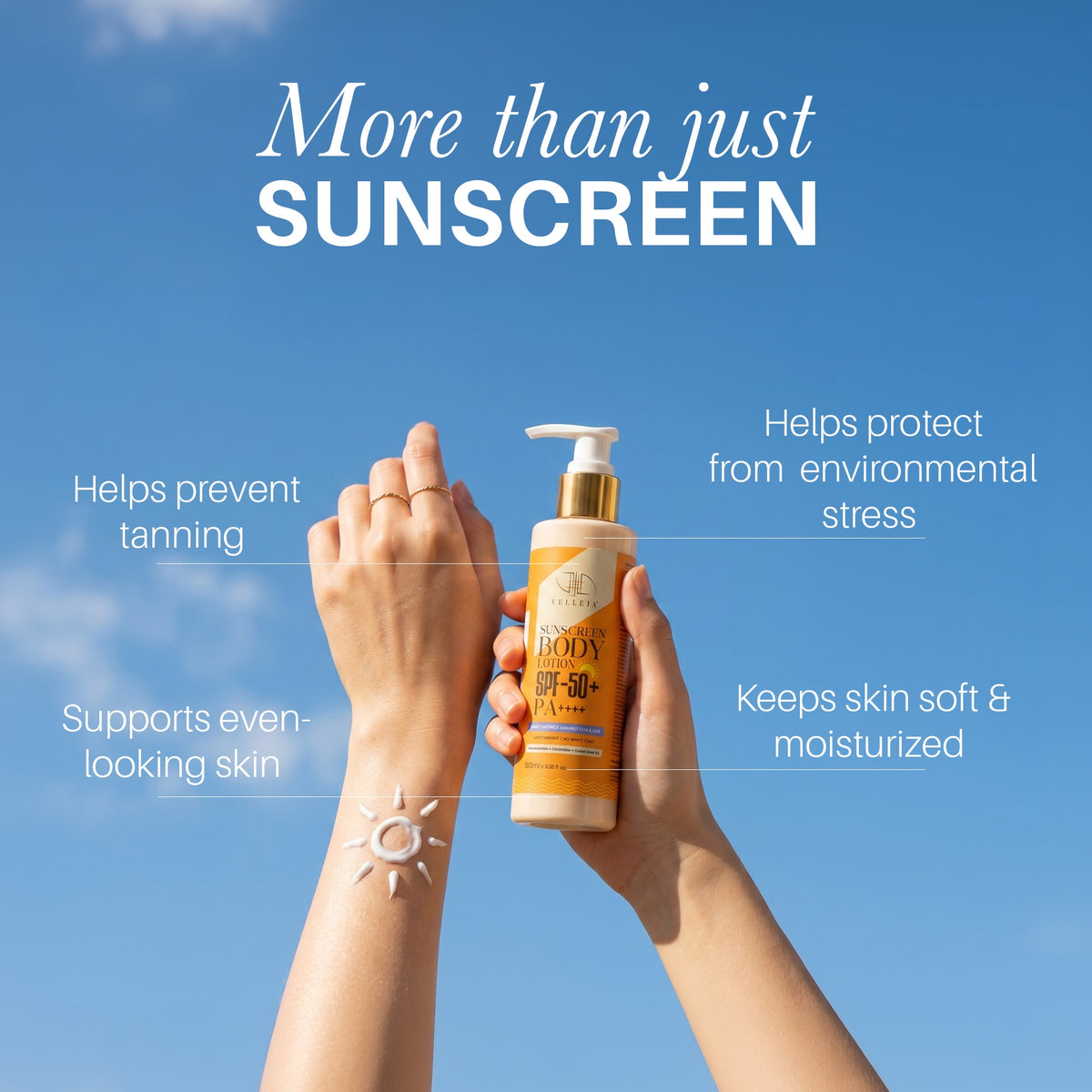 2-in-1 Sunscreen Body Lotion SPF 50 PA++++ with 5% Niacinamide & Ceramides - Velleja