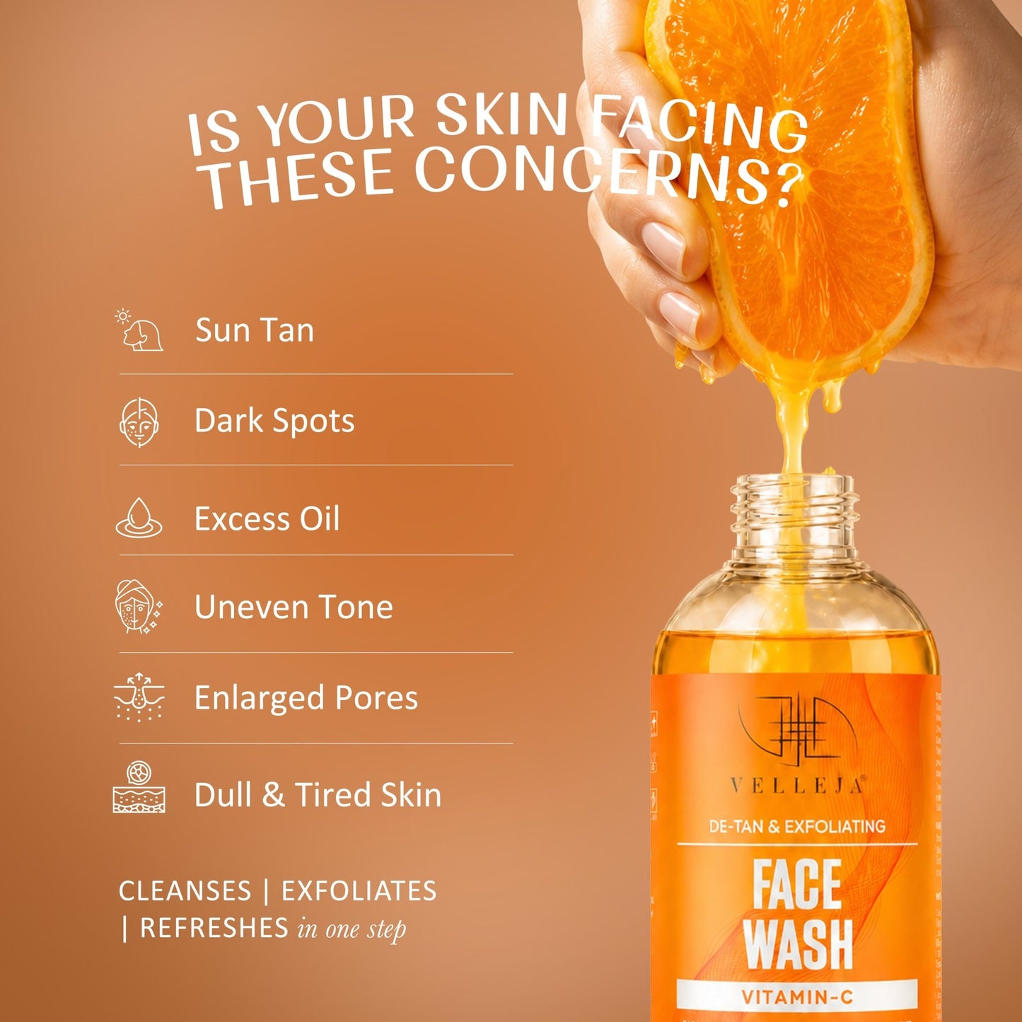 De-Tan & Exfoliating Face Wash | Vitamin C Tan Removal & Brightening Face Cleanser - Velleja