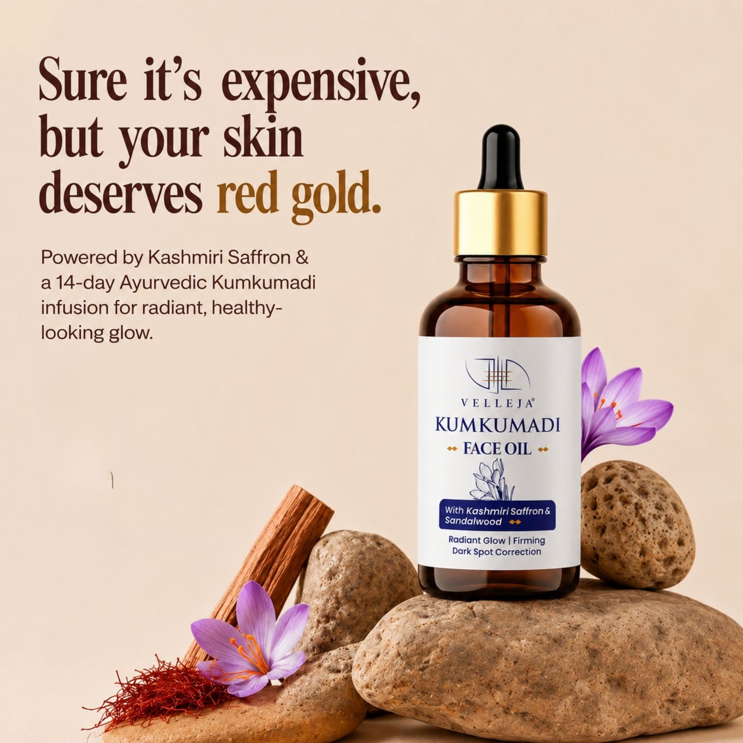 Kumkumadi Face Oil with Kashmiri Saffron & Sandalwood | Ayurvedic Anti Aging Face Serum for Brightening, Dark Spots & Pigmentation