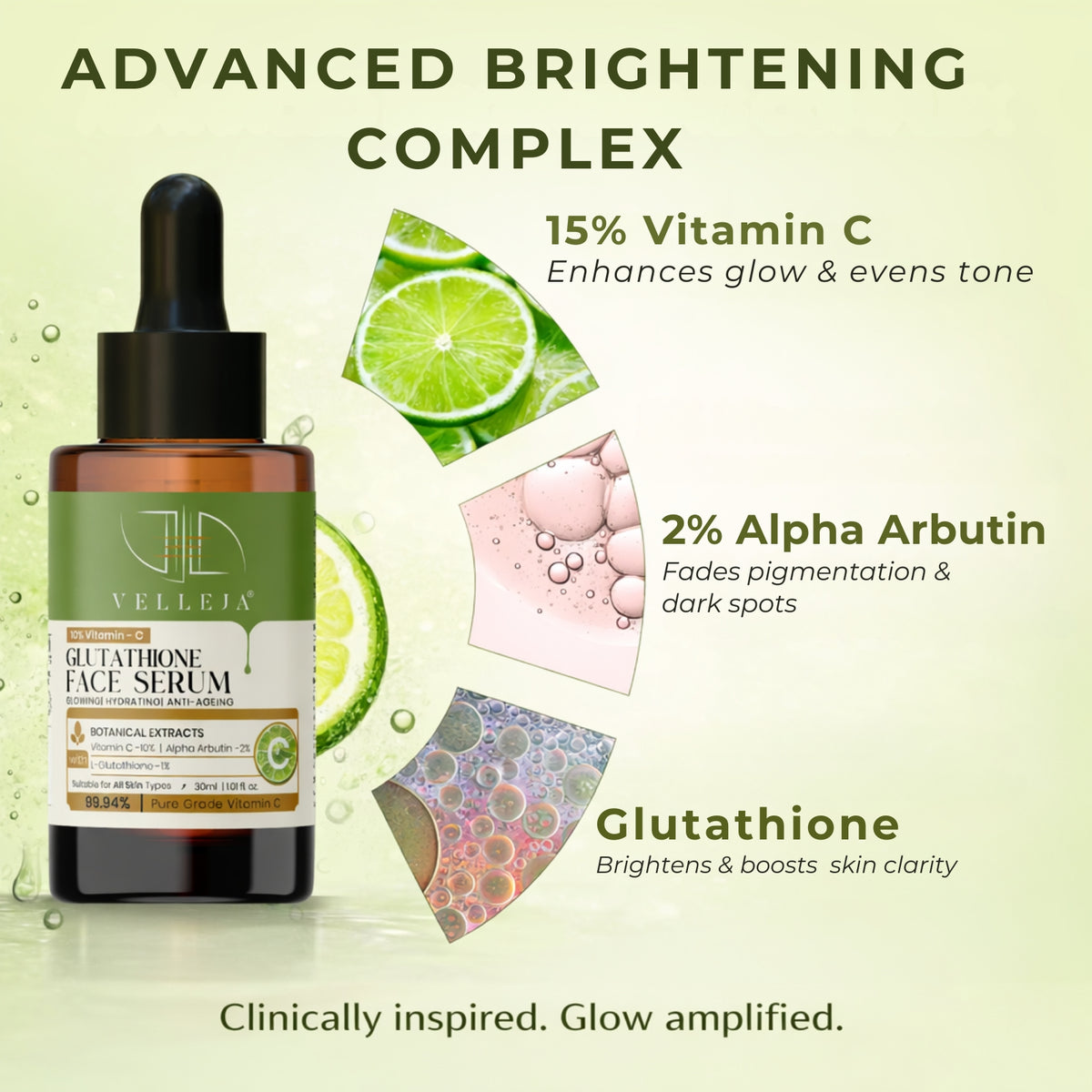 Vitamin C + Glutathione Brightening Serum | Glow Serum for Sensitive & All Skin Types - Velleja