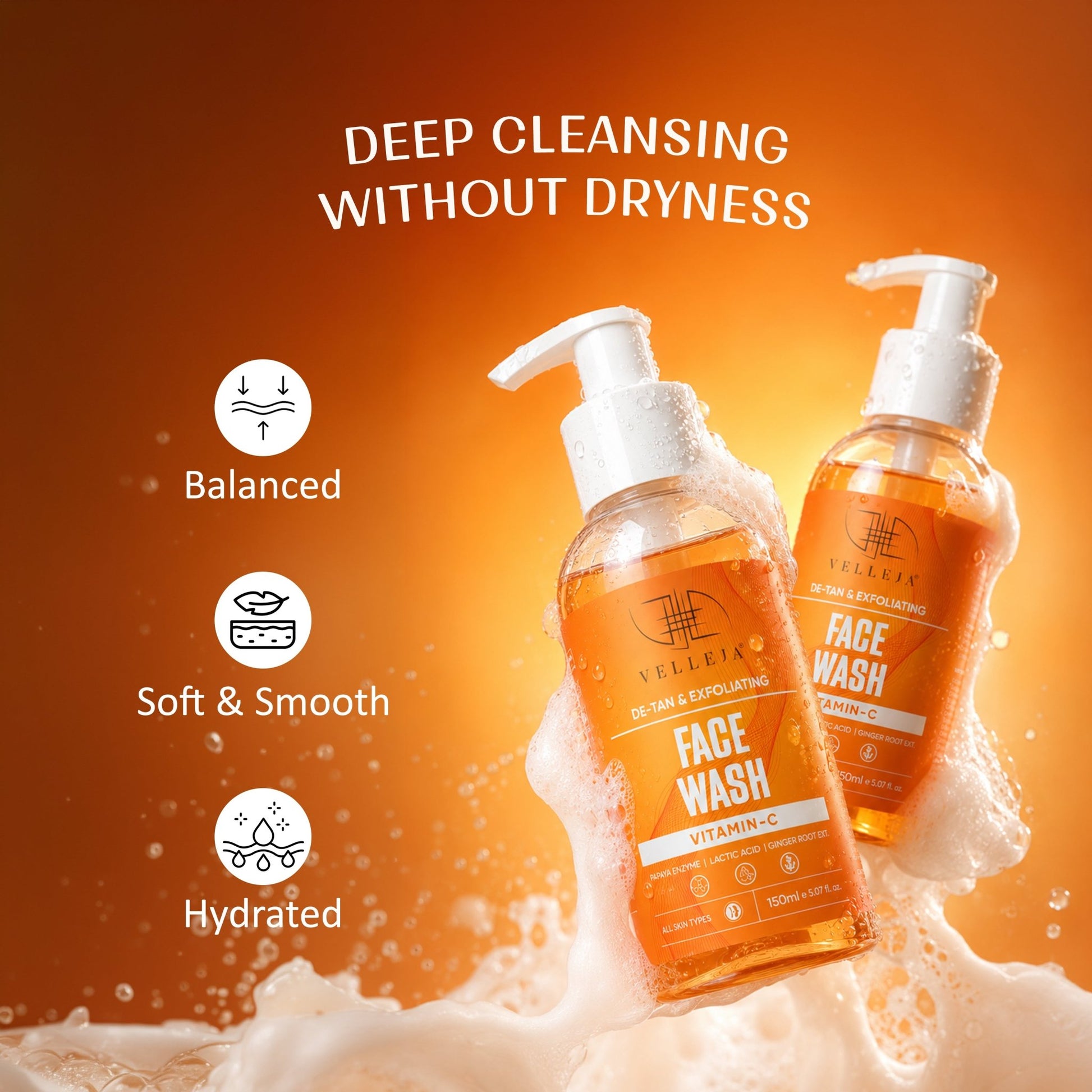 De-Tan & Exfoliating Face Wash | Vitamin C Tan Removal & Brightening Face Cleanser - Velleja