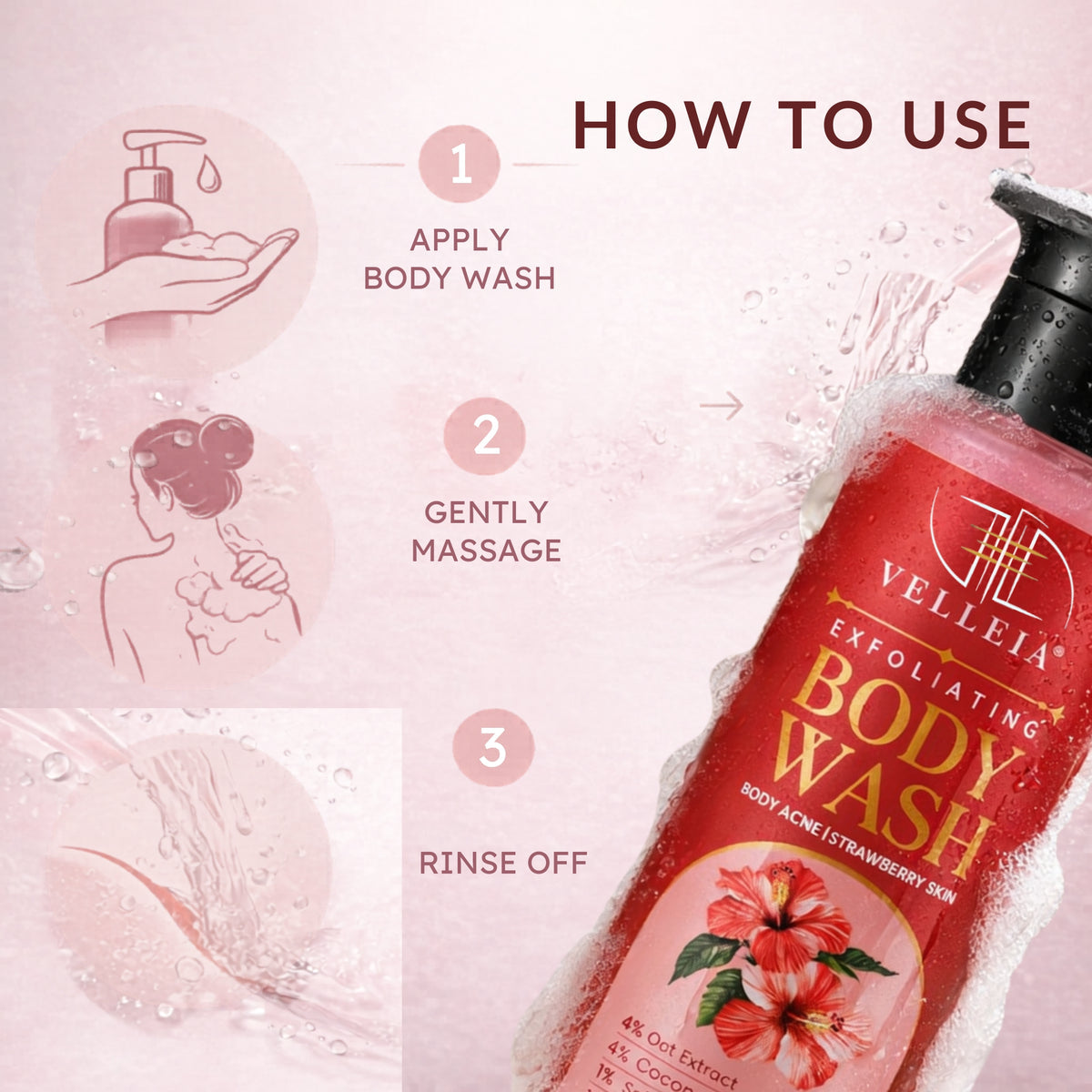 Exfoliating Body Wash with Salicylic Acid for Body Acne & Rough Bumpy Skin | Reduce Strawberry Legs - Velleja