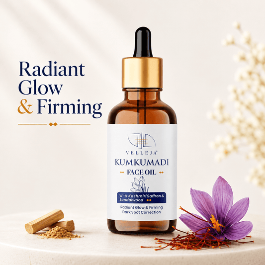 Kumkumadi Face Oil with Kashmiri Saffron & Sandalwood | Ayurvedic Anti Aging Face Serum for Brightening, Dark Spots & Pigmentation - Velleja