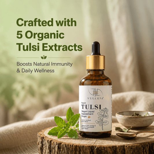 Panch Tulsi Drops 50 ml | Ayurvedic Immunity Booster with High Eugenol 5-in-1 Tulsi Extract | Cough, Cold & Mild Fever Relief - Velleja