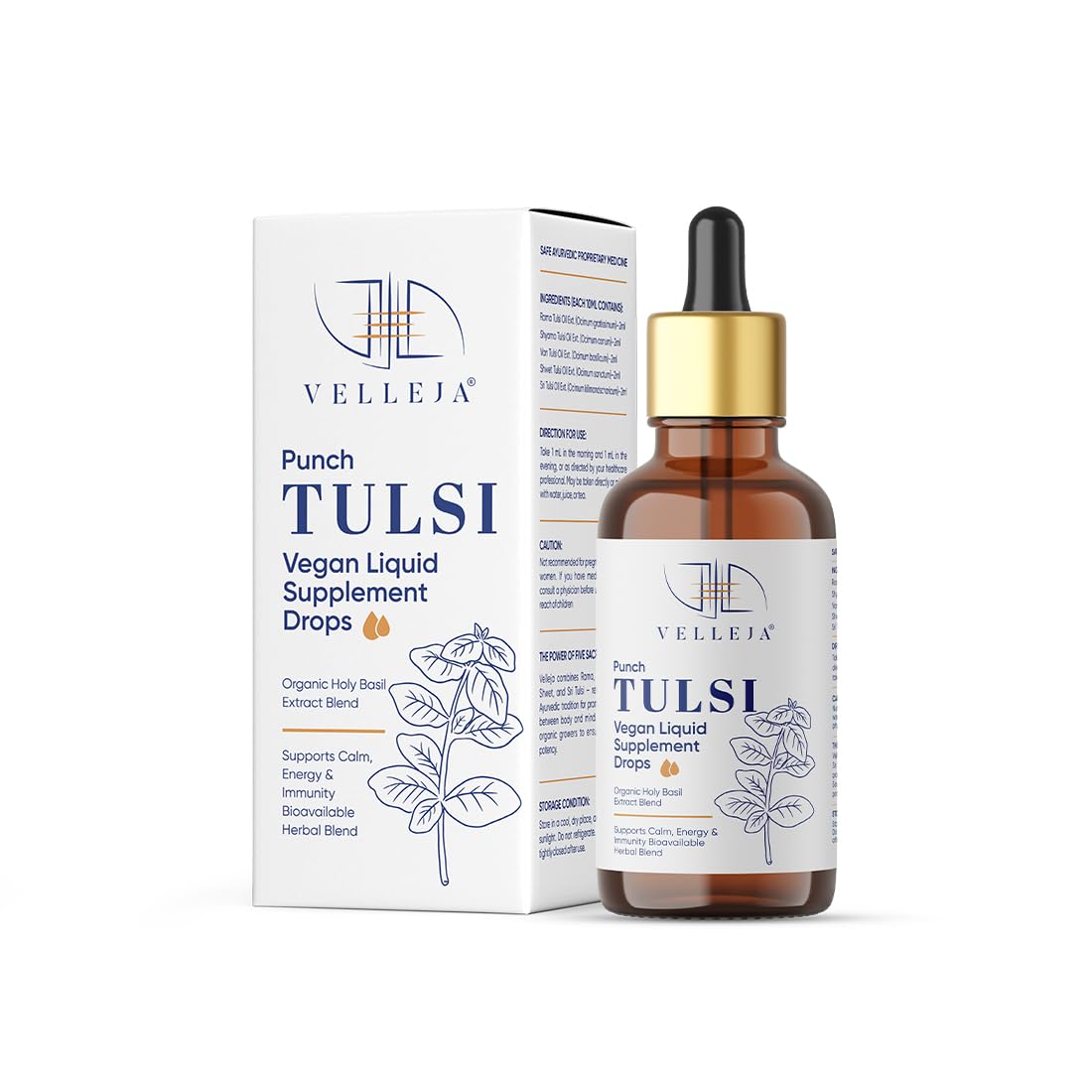 Panch Tulsi Drops 50 ml | Ayurvedic Immunity Booster with High Eugenol 5-in-1 Tulsi Extract | Cough, Cold & Mild Fever Relief - Velleja