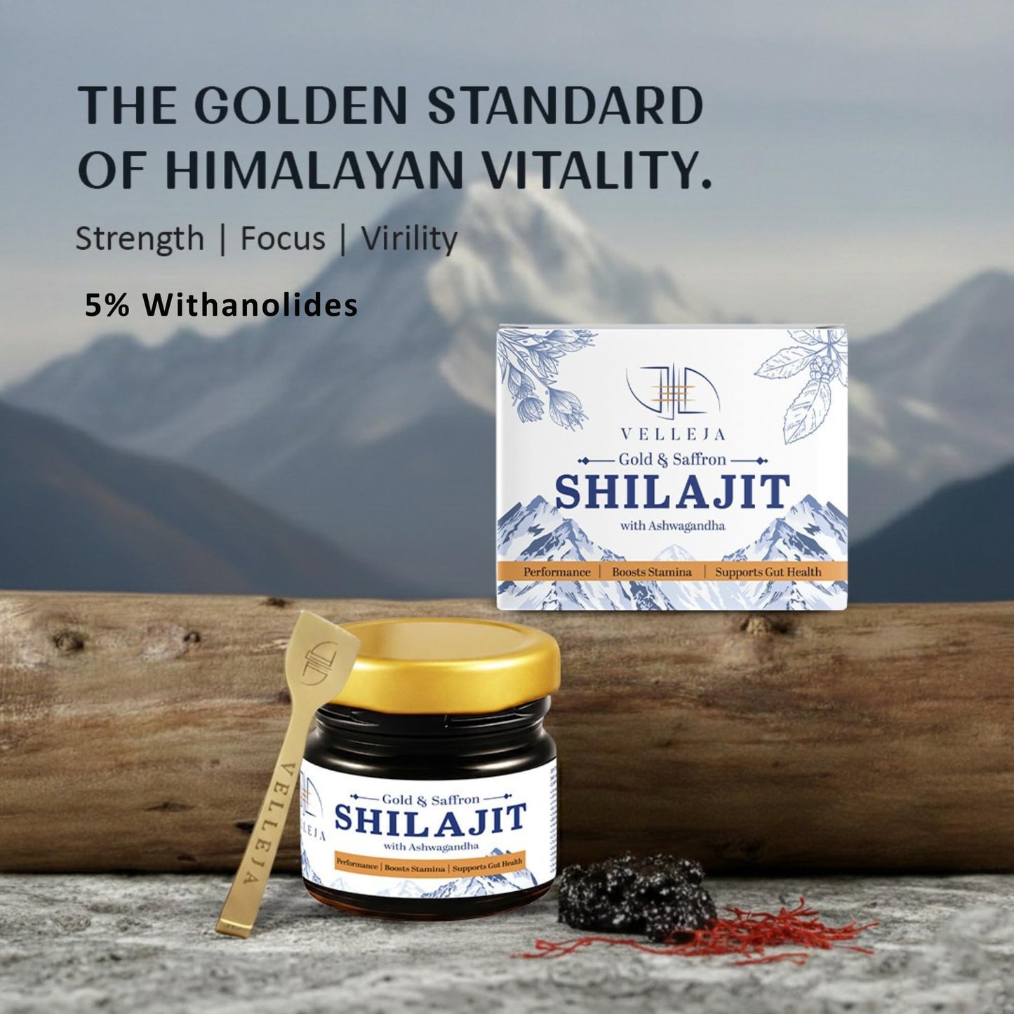 Gold & Saffron Shilajit with Ashwagandha Resin | Natural Support for Energy, Strength & Vitality - Velleja