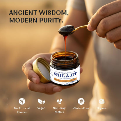 Gold & Saffron Shilajit with Ashwagandha Resin | Natural Support for Energy, Strength & Vitality - Velleja
