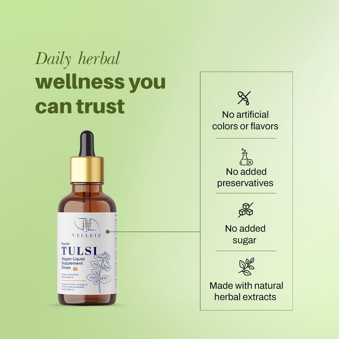 Panch Tulsi Drops 50 ml | Ayurvedic Immunity Booster with High Eugenol 5-in-1 Tulsi Extract | Cough, Cold & Mild Fever Relief - Velleja